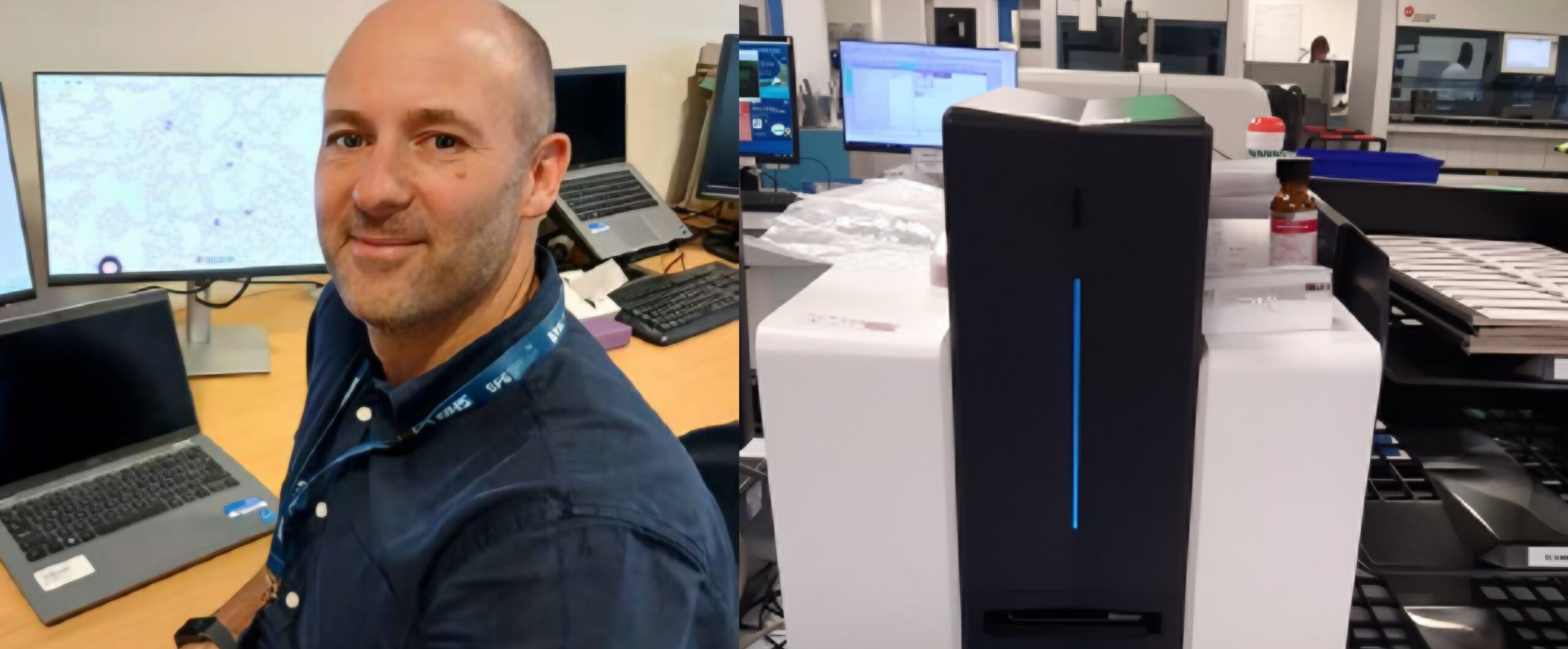 Jeffrey Moores at his workstation and the Scopio X100 scanner at Southwest Pathology Services